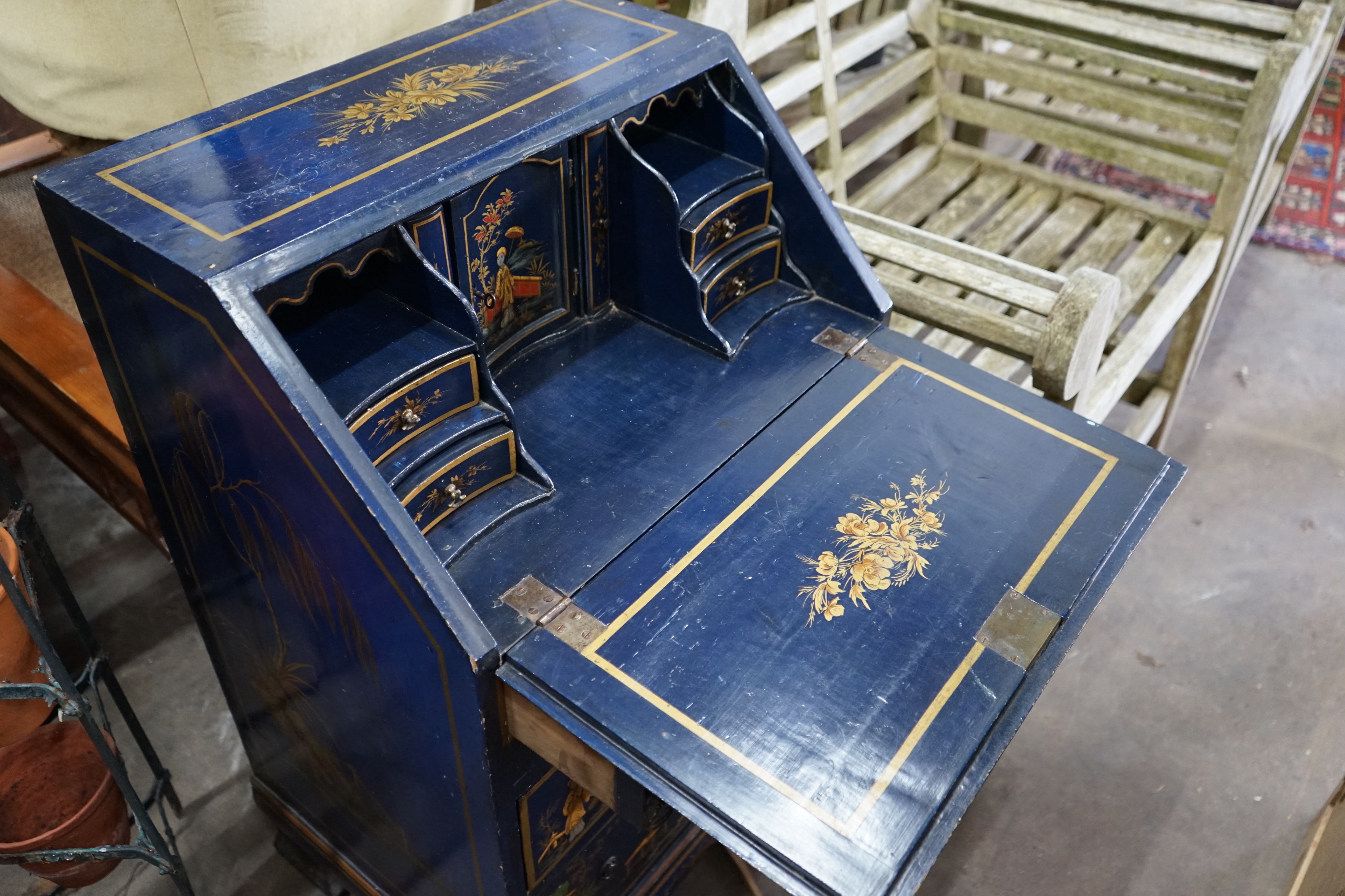 A small 1920's chinoiserie lacquer bureau, width 56cm depth 43cm height 92cm